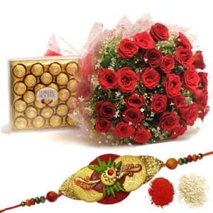 Rakhi with 25 Red Roses and 24Pcs Ferrero Rocher Chocolates